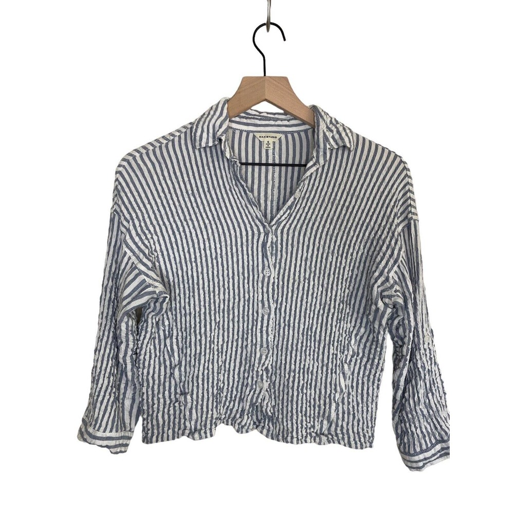MAX STUDIO Top Small Crinkle Stripe Button Up Roll Tab Sleeve Rayon Cotton Blue